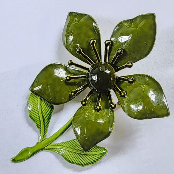 Green Enamel Flower Pin/Brooch Mid-Century-Mod 1960s Retro Pop Art Statement - Picture 3 of 7